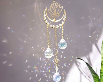 Lotus Suncatcher, Moon Suncatcher, Boho Suncatcher, Gold Suncatcher, Crystal Window Decor, Gift for Mom, Housewarming Gift, Witchy Decor