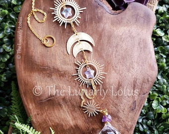 Sunburst Decor, Moon Suncatcher, Long Suncatcher, Amethyst Suncatcher, Crystal Suncatcher, New Home Gift, Bestie Gift Idea, Gift for Mom