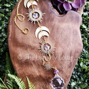 Sunburst Decor, Moon Suncatcher, Long Suncatcher, Amethyst Suncatcher, Crystal Suncatcher, New Home Gift, Bestie Gift Idea, Gift for Mom