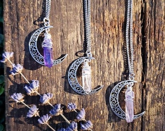 Quartz Necklace, Moon Necklace, Crystal Necklace, Witchy Necklace, Boho Moon Necklace, Silver Moon Necklace, Hippie Necklace, Gift for Her