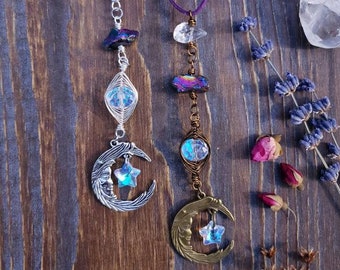 Amuleto de luna para coche, amuleto de bruja para coche, decoración celestial para coche, decoración de luna y estrellas, amuleto de cristal para coche, atrapasol de cristal, amuleto de cuarzo para coche