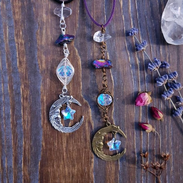 Moon Car Charm, Witchy Car Charm, Celestial Car Decor, Moon and Star Decor, Crystal Car Charm, Crystal Suncatcher, Quartz Car Charm