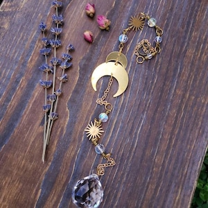 Crystal Suncatcher, Witchy Suncatcher, Gold Suncatcher, Boho Gold Suncatcher, Moonphase Suncatcher, Brass Moon Decor, Suncatcher Gift Idea