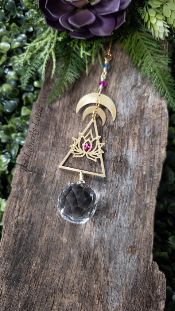 Gold Car Charm, Lotus Suncatcher, Pink Suncatcher, Moon Car Charm, Window Crystal, Spiritual Gift Idea, Symbolic Gift, Car Accessories
