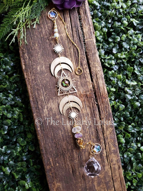 Long Boho Suncatcher, Gold Moon Suncatcher, Celestial Suncatcher, Crystal Suncatcher, Amethyst Suncatcher, New Home Gift, Bestie Gift Idea