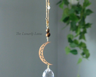 Moon Car Charm, Tiger's Eye Suncatcher, Gemstone Car Charm, Travel Protection, Celestial Car Charm, Crystal Car Decor, Witchy Car Charm