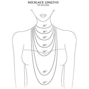 May include: A line drawing of a woman's torso showing different necklace lengths in inches, from 14 inches to 33 inches.