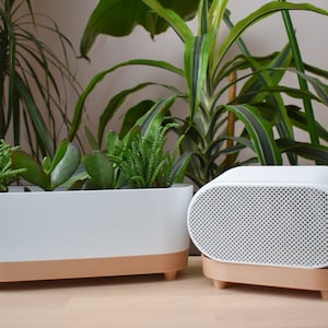 May include: Two white ceramic planters with brown bases, one containing a variety of green plants and the other with a grid pattern on the front.