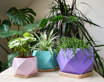 Geometric Pot with Drainage and Wooden Styled Dish. planter, plant pot, pastel colours, indoor plant pot, home design, gift, eco-friendly