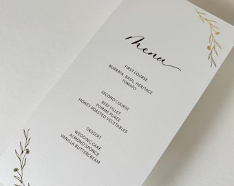 Gold Foiled Floral Wedding Menu: Botanical Wreath Design