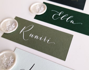 Green Wedding Place Cards: Modern Calligraphy with Botanical Wax Seal