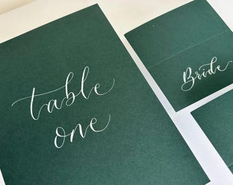 Dark Green Wedding Table Number: Handwritten Calligraphy, Elegant Wedding Decor