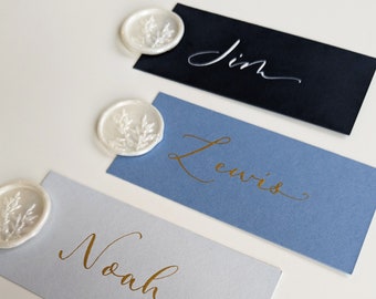 Modern Calligraphy Wedding Place Cards with Pearlescent Wax Seal