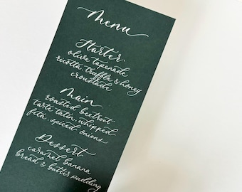 Dark Green Wedding Menu: Handwritten Calligraphy, Elegant Table Decor