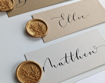Modern Calligraphy Wedding Place Cards with Gold Wax Seal