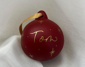 Personalised Red Ceramic Bauble – Hand Lettered with Gold Detailing