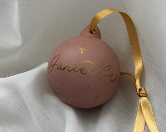 Personalised Dusty Pink Ceramic Bauble – Hand Lettered with Gold Detailing