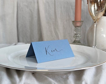 Folded Calligraphy Wedding Place Cards: Blue Card Stock