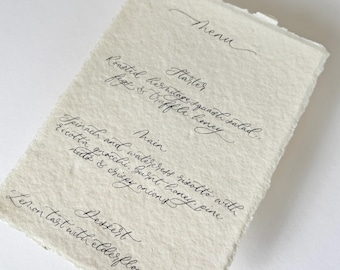 Handwritten Calligraphy Cotton Paper Wedding Menu: Sustainable Wedding Decor