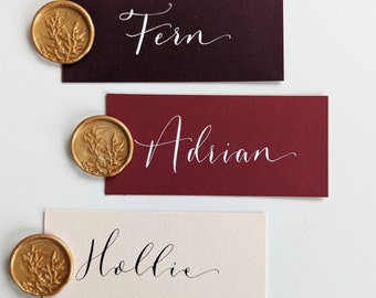 Pink Personalised Place Cards with Gold Wax Seal: Elegant Wedding Calligraphy