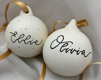 Personalised Bauble - Hand Lettered and Decorated - White Ceramic Bauble
