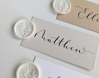 Modern Calligraphy Wedding Place Cards with Pearlescent Wax Seal