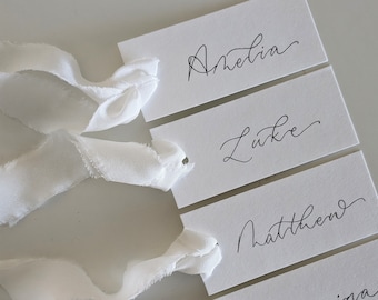 White Flat Modern Calligraphy Place Cards with White Silk Ribbon