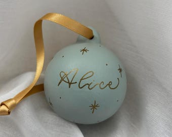 Personalised Dusty Blue Ceramic Bauble – Hand Lettered with Gold Detailing