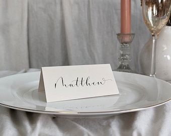 Minimalist Folded Calligraphy Wedding Place Cards: Neutral Wedding Stationery