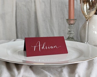 Red Calligraphy Wedding Place Cards: Hand Lettered Folded Cards