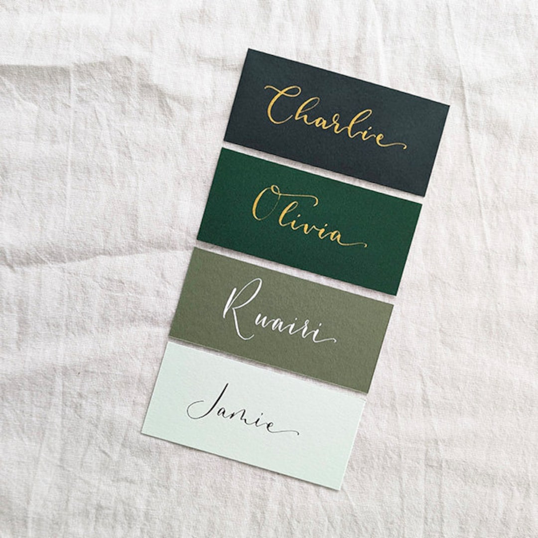 Hand-lettered Calligraphy Wedding Place Cards | Green Flat Place Names ...