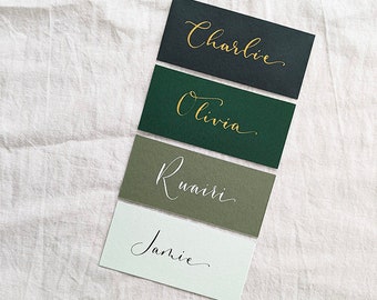 Hand-Lettered Calligraphy Wedding Place Cards | Green Flat Place Names