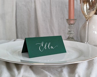 Green Folded Calligraphy Wedding Place Cards: Hand Lettered Wedding Stationery