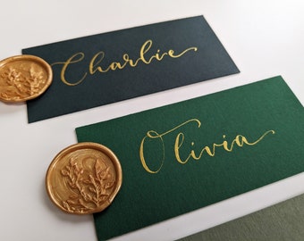 Green Wedding Place Cards with Gold Wax Seals