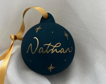 Personalised Dark Blue Ceramic Bauble – Hand Lettered with Gold Detailing