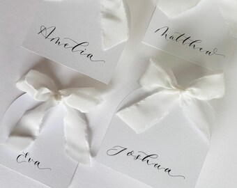 Personalised Arch Place Cards with Silk Ribbon | Modern Calligraphy Wedding Name Cards