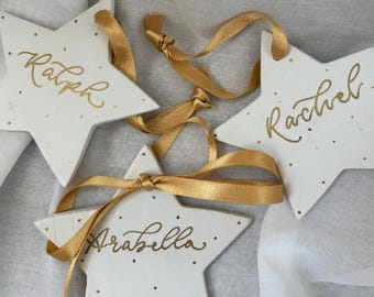 Personalised White Ceramic Star Bauble – Hand Lettered with Gold Calligraphy and Polka Dots