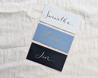 Blue Hand Lettered Wedding Place Cards: Modern Calligraphy Wedding Stationery