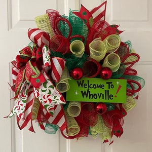 Small Grinch Welcome to Whoville Deco Mesh Wreath, Christmas Wreath For Front Door, Grinch Holiday Wreath, Office wreath, Apartment Wreath