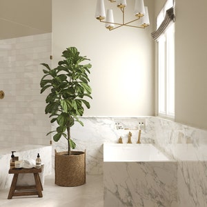 May include: A white bathtub with gold fixtures sits in a bathroom with a marble surround. A large potted plant is in the corner of the room. A gold chandelier hangs from the ceiling.