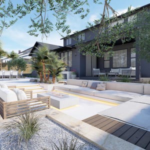 May include: A modern outdoor living space with a white sectional sofa surrounding a fire pit. The sofa is made of concrete and has a wood frame. The fire pit is made of stone and has a metal grate. The space is surrounded by lush greenery and a modern house.