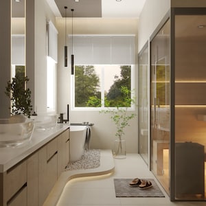 Badkamerinterieurontwerp, 3D-rendering badkamer, 3D architectonische weergave, realistische visualisatieweergave, aangepaste weergavediensten