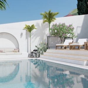 May include: A white modern home with a swimming pool, lounge chairs, and a patio area with a white couch. The home has a white stucco exterior with a white archway and a white pergola. The pool is surrounded by white tile and has a blue tiled bottom. The lounge chairs are white with white cushions. The patio area has a white couch with white cushions. The home is surrounded by lush greenery.