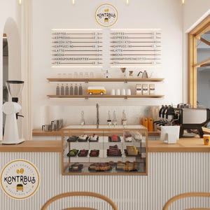 May include: A white and yellow sign with the text "Kontribua Delicious Coffee" above a display case filled with pastries. The sign is on a white wall with a wooden shelf above it. The shelf is filled with glass jars and a yellow toy car.