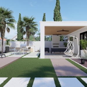May include: A white pergola with a wooden roof and a white hanging chair. The pergola is surrounded by lush green plants and a patio with white tile flooring.