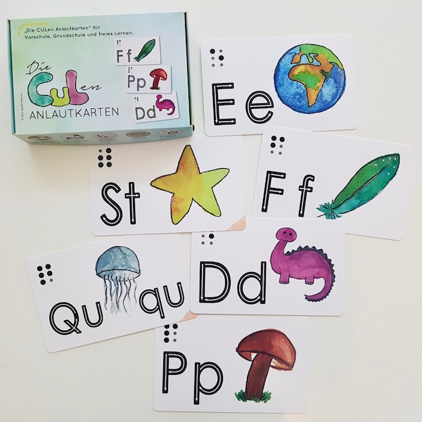 The CULen initial sound cards to see, feel and understand, ABC cards, ABC, flashcards, letter cards; Braille, Braille