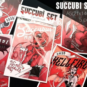 May include: A set of five A5 (8.27 x 11.69 inches) prints featuring illustrations of red-skinned succubi with horns and wings. The prints are titled "Bloodlust 2020", "Succubus 2020", "Hellfire 2020", and "Live at Hell tickets on sale get yours now! 2020".