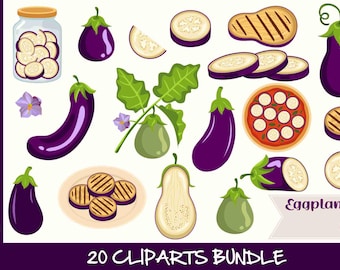 Eggplant Vector Bundle, Aubergine Clipart, Grilled Food SVG PNG, Whole and Sliced Vegetable Graphics, Digital Download