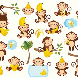 May include: A set of cartoon monkeys and bananas. The monkeys are brown and depicted in various poses, some with bananas, others wearing banana hats. There are also banana bunches, a banana heart, and tropical leaves. The image includes the text "SVG", "EPS", and "PNG".
