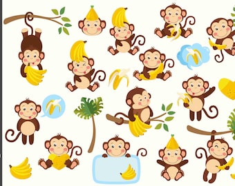 Cute Monkey Clipart Bundle | Banana Vector PNG SVG | Jungle Animals Clipart | Safari Birthday Decor | Baby Shower Digital Download